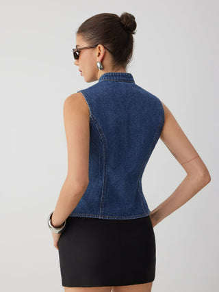 Denim Stand Collar Twist Knotted Washed Denim Vest