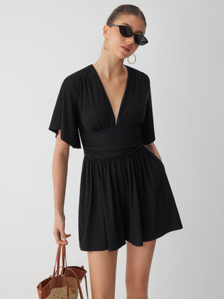 Textured V-neck Ruched Mid Rise Bell Sleeve Romper