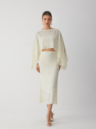 Lace Floral Asymmetrical Neck Top & Mid Rise Mermaid Maxi Skirt Set