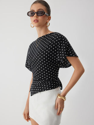 Polka Dot Boat Neck Batwing Sleeve Ruched Asymmetrical Tee