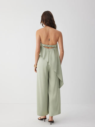 Satin Strapless Asymmetrical Mid Rise Oversized Wide Leg Jumpsuit