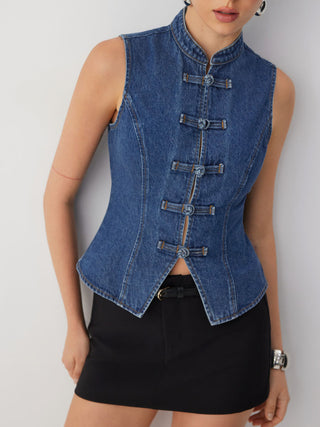 Denim Stand Collar Twist Knotted Washed Denim Vest