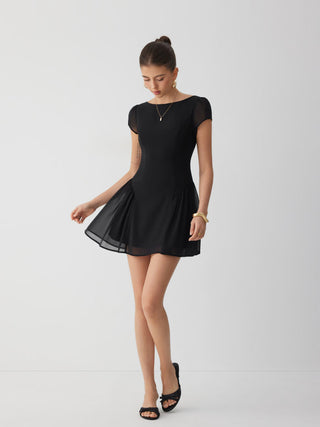 Chiffon Boat Neck Ruched A-line Mini Dress