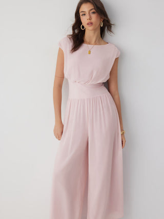 Chiffon Mid Rise Draped Wide Leg Jumpsuit