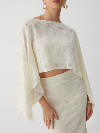 Lace Floral Asymmetrical Neck Top & Mid Rise Mermaid Maxi Skirt Set
