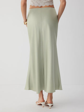 Satin Mid Rise Ruffle Bias Maxi Skirt