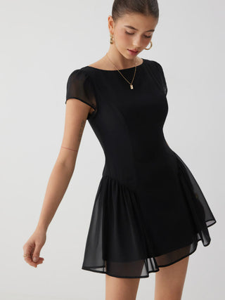 Chiffon Boat Neck Ruched A-line Mini Dress