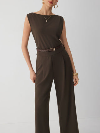 Boat Neck Mid Rise Straight Leg Jumpsuit With Belt