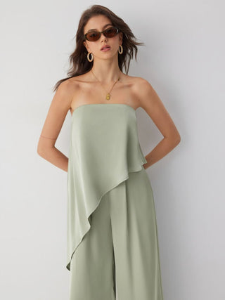 Satin Strapless Asymmetrical Mid Rise Oversized Wide Leg Jumpsuit