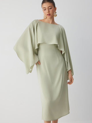 Satin Boat Neck Cloak Sleeve Bolero Flared Maxi Dress
