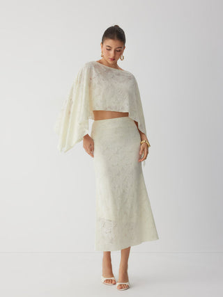 Lace Floral Asymmetrical Neck Top & Mid Rise Mermaid Maxi Skirt Set