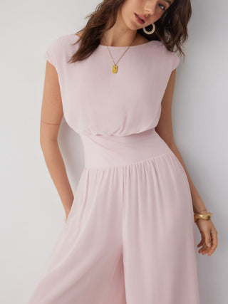 Chiffon Mid Rise Draped Wide Leg Jumpsuit
