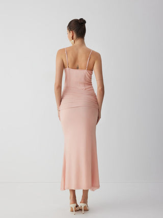 Mesh Sculptural V-neck Pleated Corset Glitter Bobycon Maxi Dress