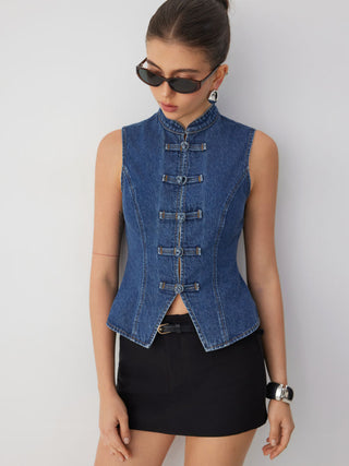 Denim Stand Collar Twist Knotted Washed Denim Vest