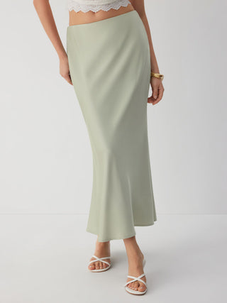 Satin Mid Rise Ruffle Bias Maxi Skirt
