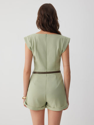 Boat Neck Pleated Metal Detail Mid Rise Romper With Belt