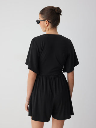 Textured V-neck Ruched Mid Rise Bell Sleeve Romper