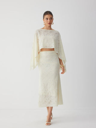 Lace Floral Asymmetrical Neck Top & Mid Rise Mermaid Maxi Skirt Set