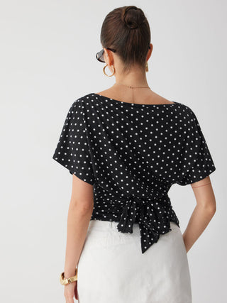 Polka Dot Boat Neck Batwing Sleeve Ruched Asymmetrical Tee