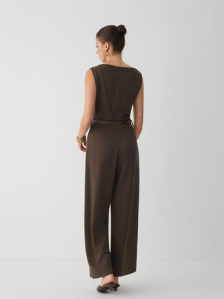Boat Neck Mid Rise Straight Leg Jumpsuit With Belt