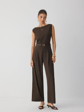 Boat Neck Mid Rise Straight Leg Jumpsuit With Belt