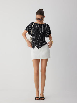 Polka Dot Boat Neck Batwing Sleeve Ruched Asymmetrical Tee