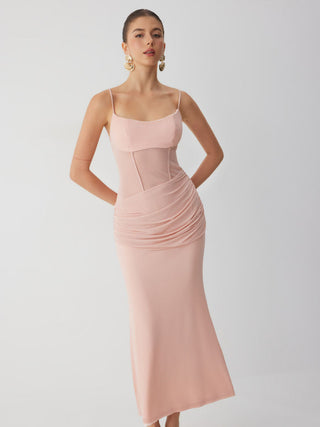 Mesh Sculptural V-neck Pleated Corset Glitter Bobycon Maxi Dress