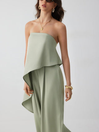 Satin Strapless Asymmetrical Mid Rise Oversized Wide Leg Jumpsuit