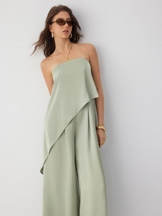 Satin Strapless Asymmetrical Mid Rise Oversized Wide Leg Jumpsuit