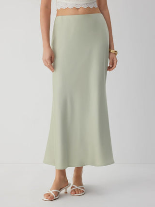 Satin Mid Rise Ruffle Bias Maxi Skirt