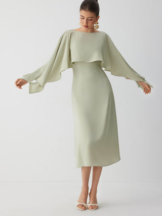 Satin Boat Neck Cloak Sleeve Bolero Flared Maxi Dress