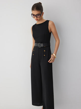 Boat Neck Metal Detail Mid Rise Wide Leg Jumpsuit With Belt