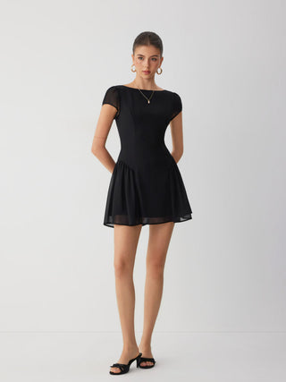 Chiffon Boat Neck Ruched A-line Mini Dress