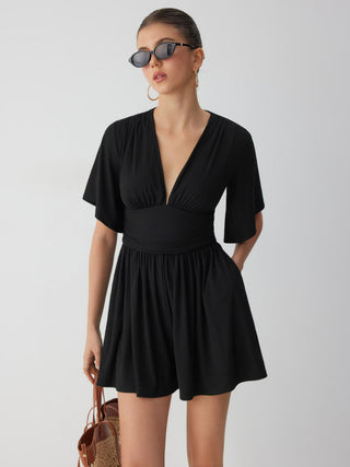 Textured V-neck Ruched Mid Rise Bell Sleeve Romper