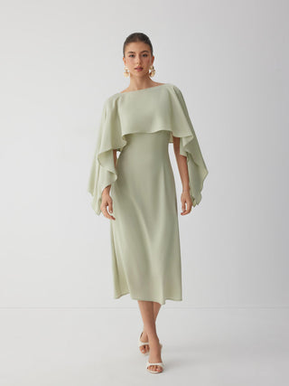 Satin Boat Neck Cloak Sleeve Bolero Flared Maxi Dress