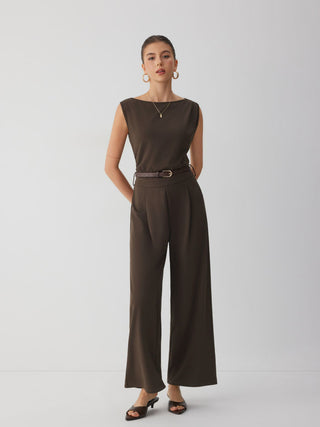 Boat Neck Mid Rise Straight Leg Jumpsuit With Belt