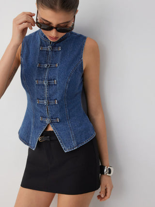 Denim Stand Collar Twist Knotted Washed Denim Vest