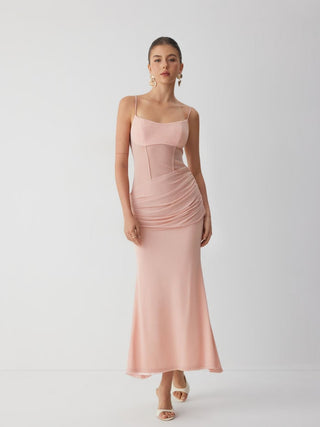 Mesh Sculptural V-neck Pleated Corset Glitter Bobycon Maxi Dress