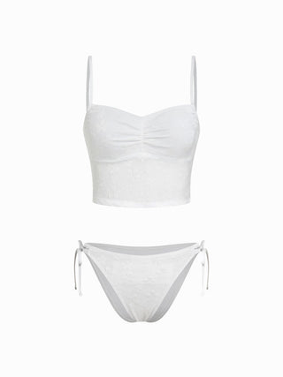 Sweetheart Neckline Floral Textured Ruched Low Rise Tie Side Bikini Set