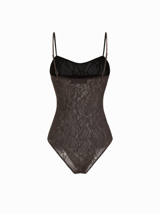 Textured Floral Lace Sweetheart See-Through Cami Bodysuit