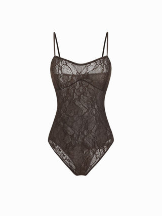 Textured Floral Lace Sweetheart See-Through Cami Bodysuit