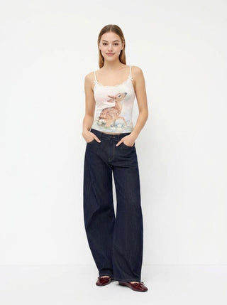 Jacquard Deer Graphic Scoop Neck Lace Trim Bowknot Cami Top