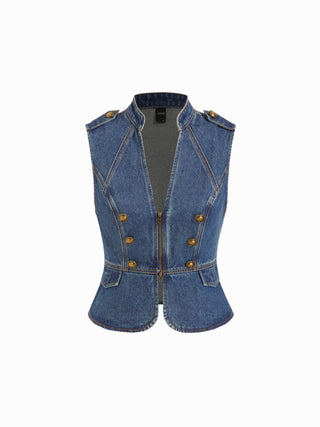 Washed Denim V-neck Metal Detail Zip Through Vest