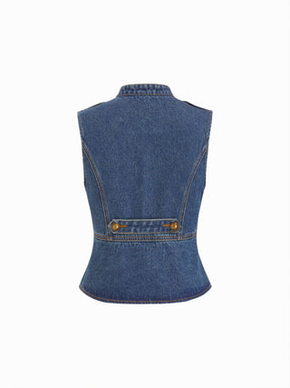 Washed Denim V-neck Metal Detail Zip Through Vest