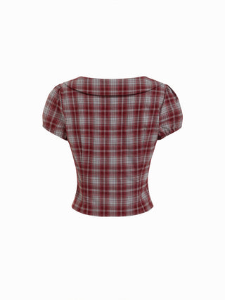 Plaid Sweetheart Neck Puff Sleeve Metal Detail Blouse