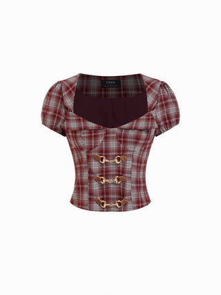 Plaid Sweetheart Neck Puff Sleeve Metal Detail Blouse