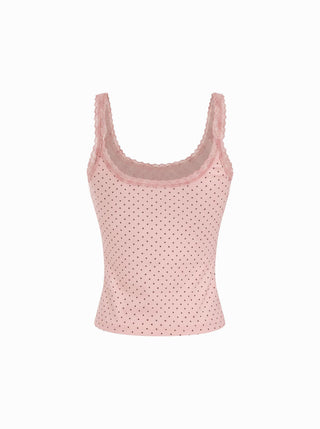 Cotton-blend Polka Dot Scoop Neckline Lace Trim Cami Top