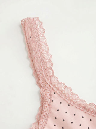 Cotton-blend Polka Dot Scoop Neckline Lace Trim Cami Top
