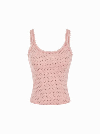 Cotton-blend Polka Dot Scoop Neckline Lace Trim Cami Top