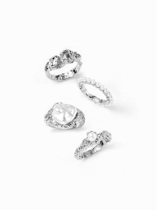 4PCS FAUX PEARL & TEXTURED RING SET
